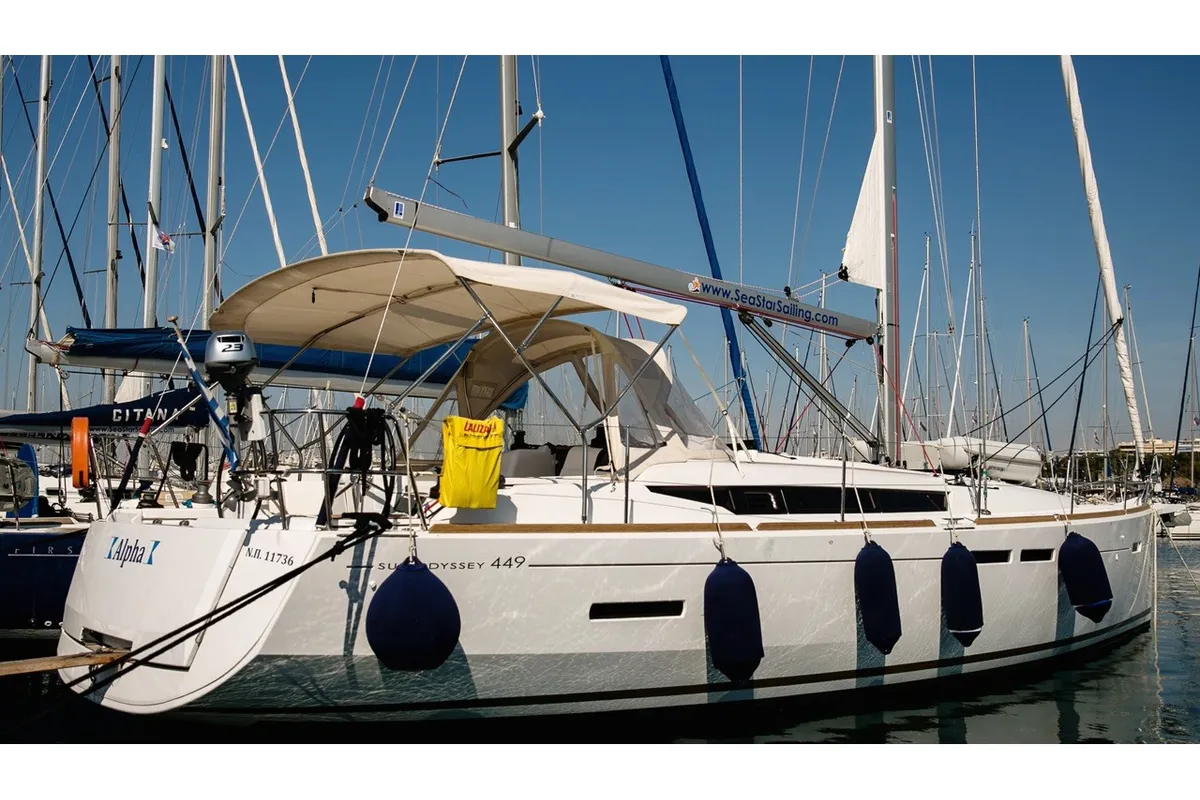 Cockpit of Alpha, a Jeanneau Sun Odyssey 449 sailboat at Athens, Greece