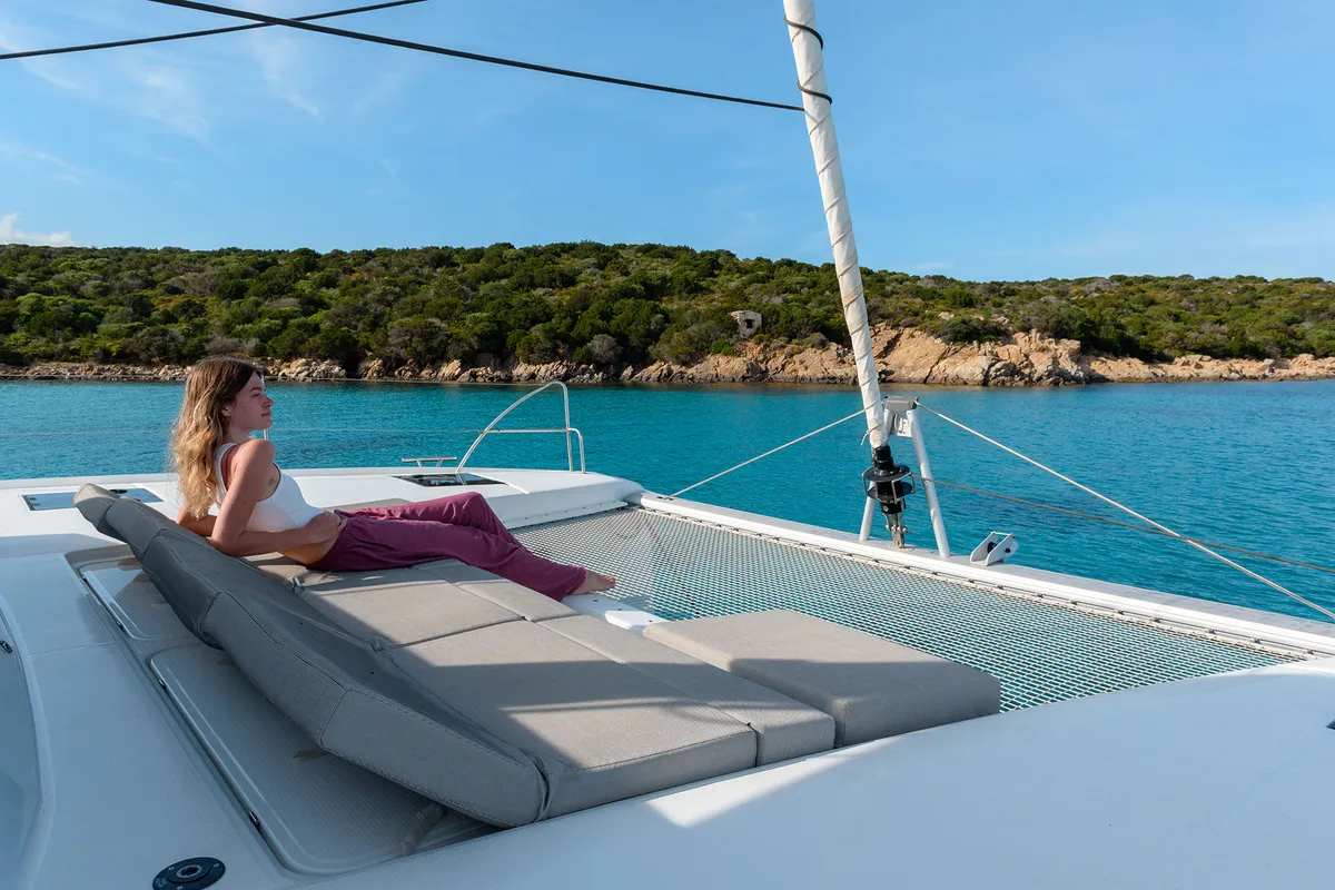 Deck of Amapola, a Fountaine Pajot Astrea 42 catamaran at Cannigione, Italy