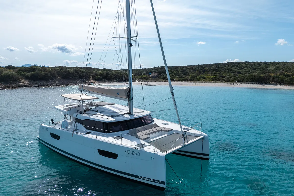 Exterior view of Amapola, a Fountaine Pajot Astrea 42 catamaran at Cannigione, Italy