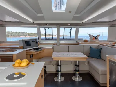 Salon of Amapola, a Fountaine Pajot Astrea 42 catamaran at Cannigione, Italy