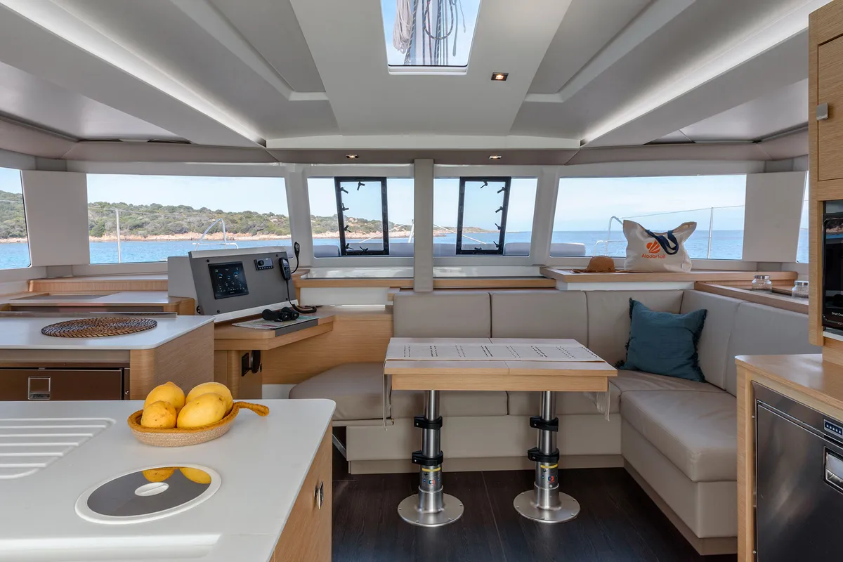 Salon of Amapola, a Fountaine Pajot Astrea 42 catamaran at Cannigione, Italy
