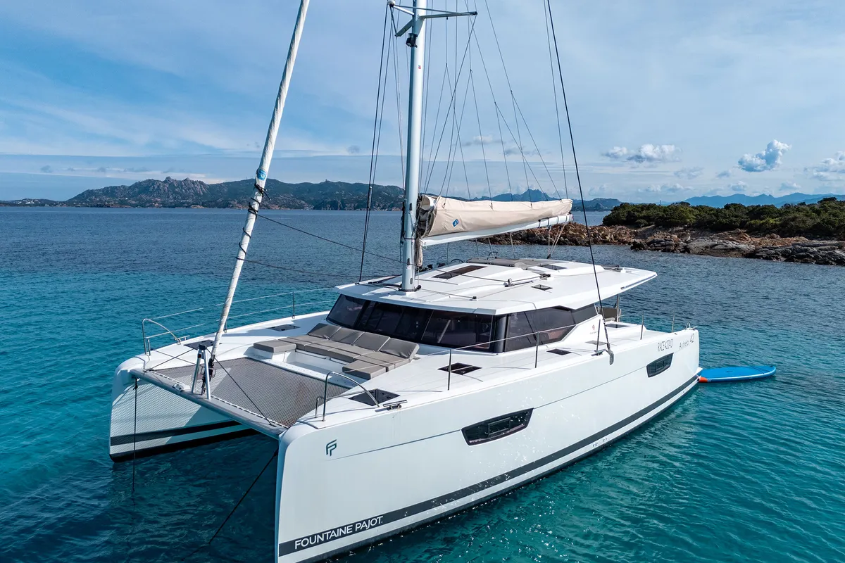Exterior view of Amapola, a Fountaine Pajot Astrea 42 catamaran at Cannigione, Italy
