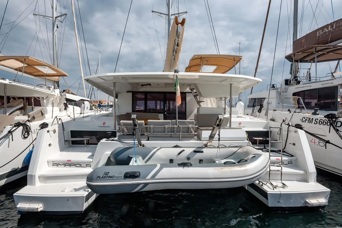 Exterior view of Amapola, a Fountaine Pajot Astrea 42 catamaran at Cannigione, Italy