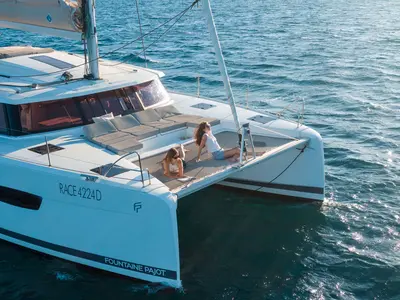 Deck of Amapola, a Fountaine Pajot Astrea 42 catamaran at Cannigione, Italy
