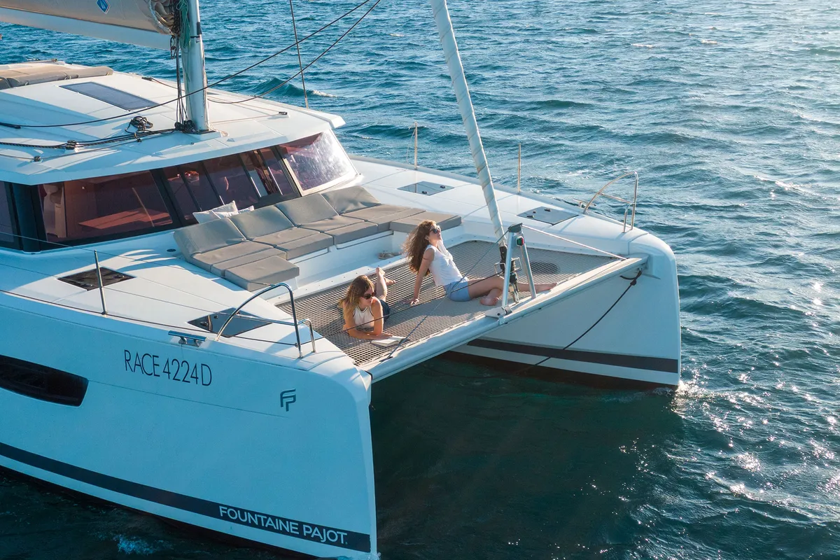 Deck of Amapola, a Fountaine Pajot Astrea 42 catamaran at Cannigione, Italy