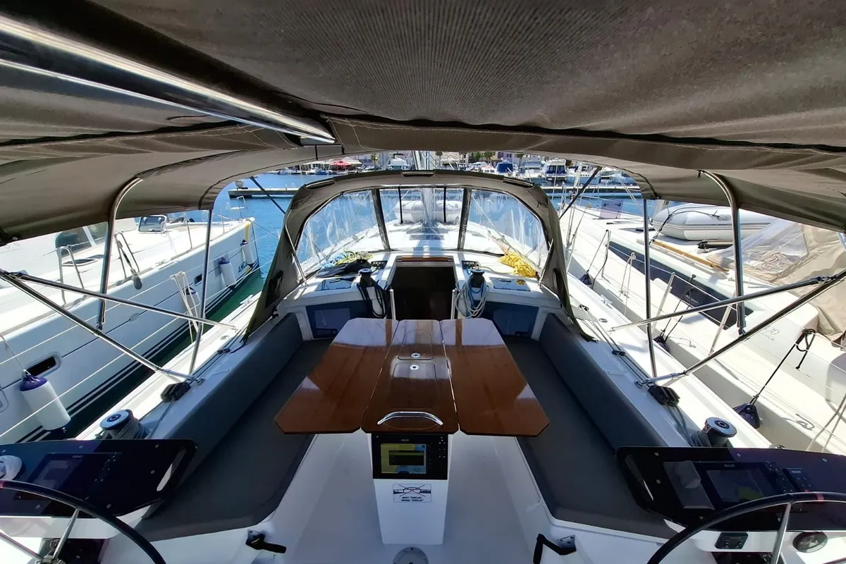 Cockpit of No Worries, a Dufour 41 sailboat at Grad Biograd na Moru, Croatia