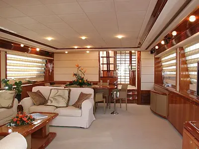 Salon of Estia YI, a Ferretti Yachts 880 - 4. cab motor yacht at Salamina, Greece