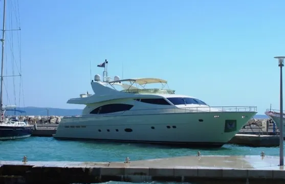 Exterior view of Estia YI, a Ferretti Yachts 880 - 4. cab motor yacht at Salamina, Greece