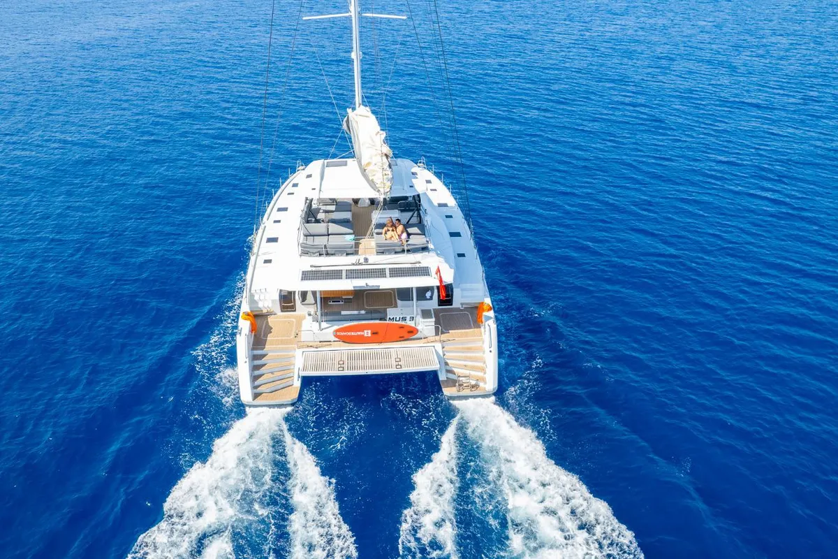 Exterior view of Mus 3, a Fountaine Pajot Alegria 67 catamaran at Bodrum, Turkey