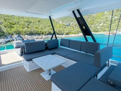 Deck of Mus 3, a Fountaine Pajot Alegria 67 catamaran at Bodrum, Turkey