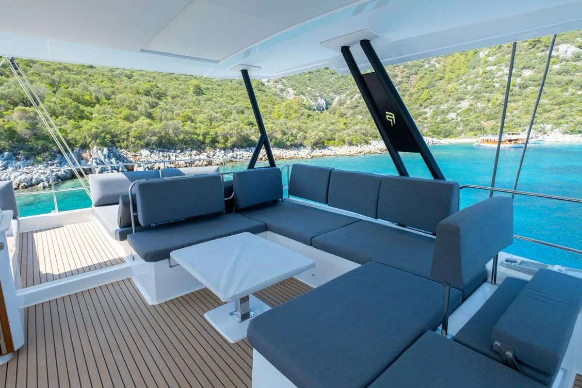 Deck of Mus 3, a Fountaine Pajot Alegria 67 catamaran at Bodrum, Turkey