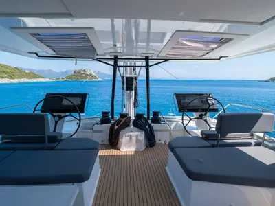 Cockpit of Mus 3, a Fountaine Pajot Alegria 67 catamaran at Bodrum, Turkey