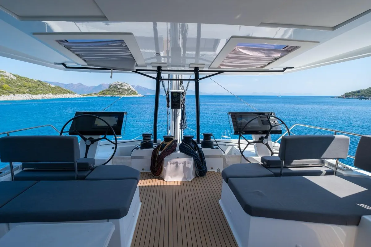 Cockpit of Mus 3, a Fountaine Pajot Alegria 67 catamaran at Bodrum, Turkey