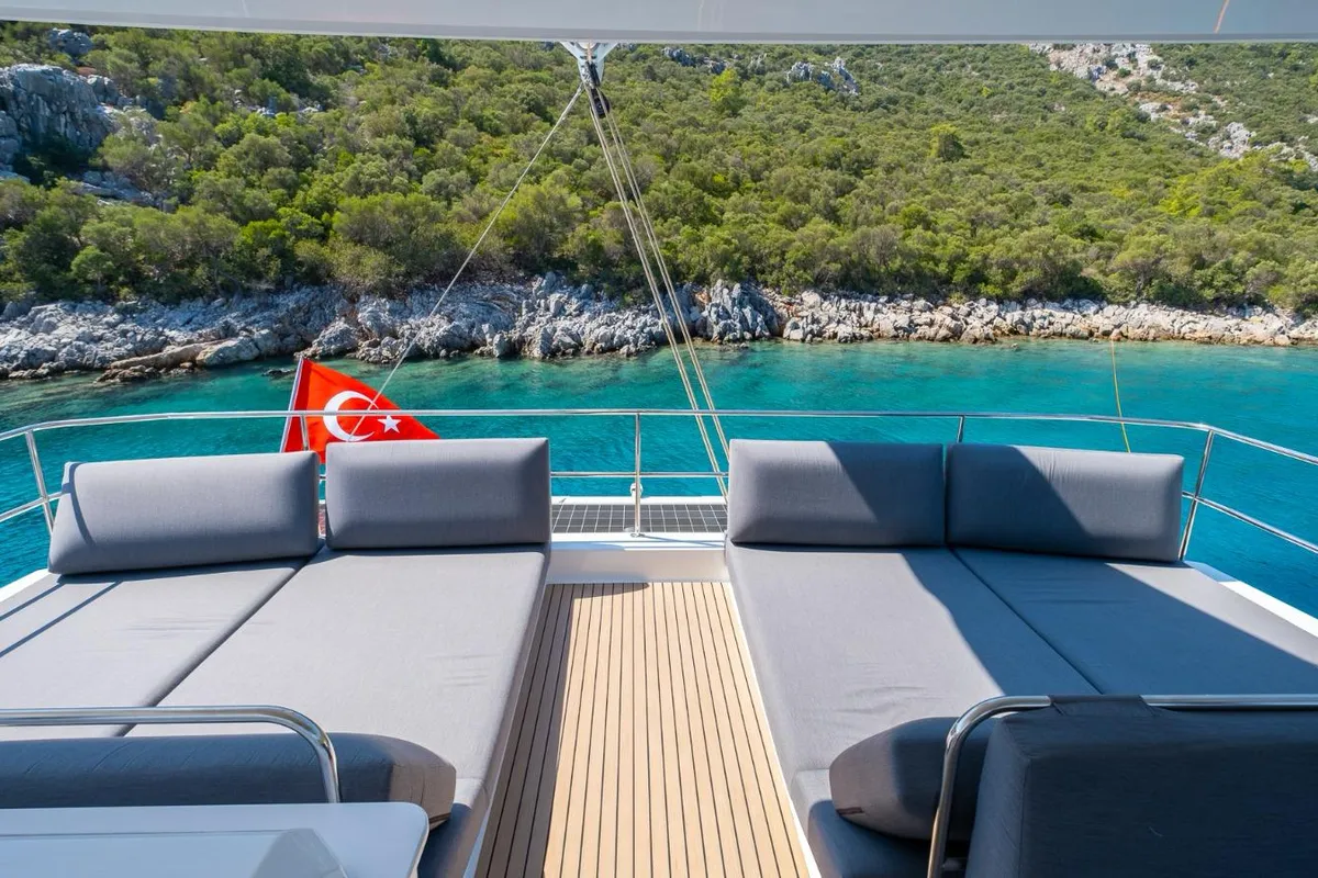 Deck of Mus 3, a Fountaine Pajot Alegria 67 catamaran at Bodrum, Turkey