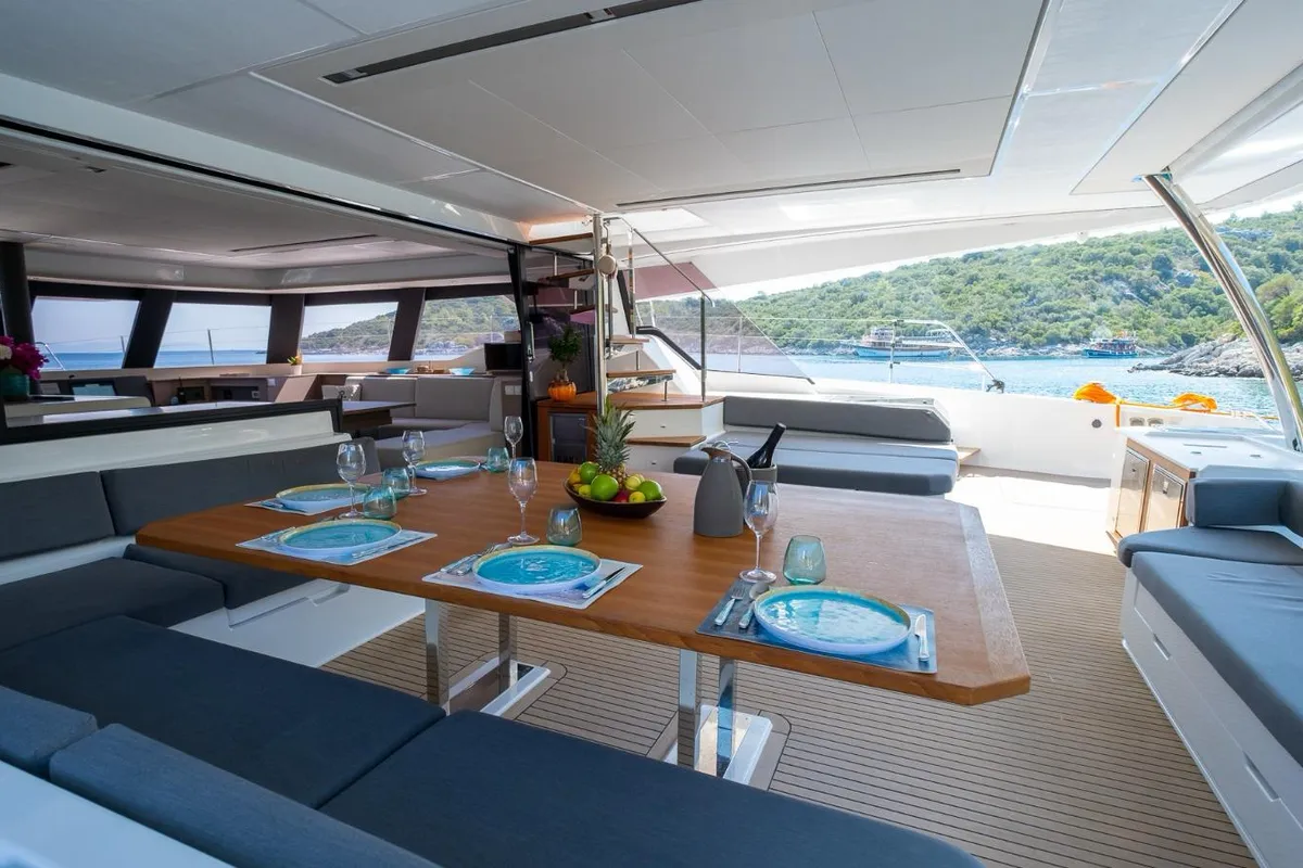 Deck of Mus 3, a Fountaine Pajot Alegria 67 catamaran at Bodrum, Turkey