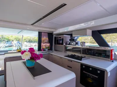 Galley of Mus 3, a Fountaine Pajot Alegria 67 catamaran at Bodrum, Turkey