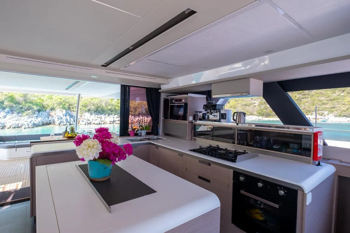 Galley of Mus 3, a Fountaine Pajot Alegria 67 catamaran at Bodrum, Turkey
