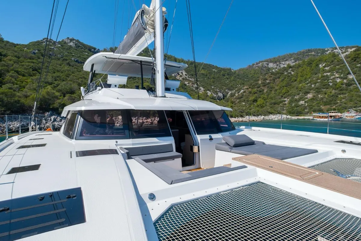 Deck of Mus 3, a Fountaine Pajot Alegria 67 catamaran at Bodrum, Turkey