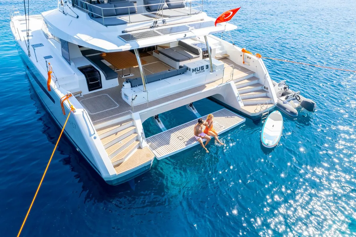 Exterior view of Mus 3, a Fountaine Pajot Alegria 67 catamaran at Bodrum, Turkey