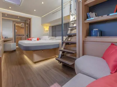 Cabin on Mus 3, a Fountaine Pajot Alegria 67 catamaran at Bodrum, Turkey