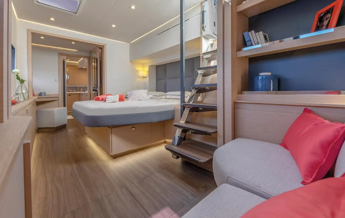 Cabin on Mus 3, a Fountaine Pajot Alegria 67 catamaran at Bodrum, Turkey
