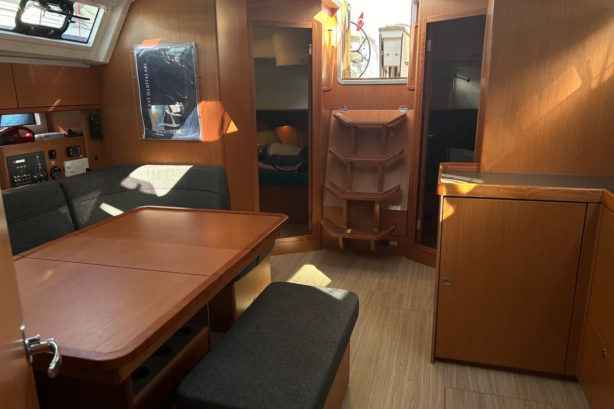 Salon of Suncity 5, a Bavaria Cruiser 46 sailboat at Fethiye, Turkey