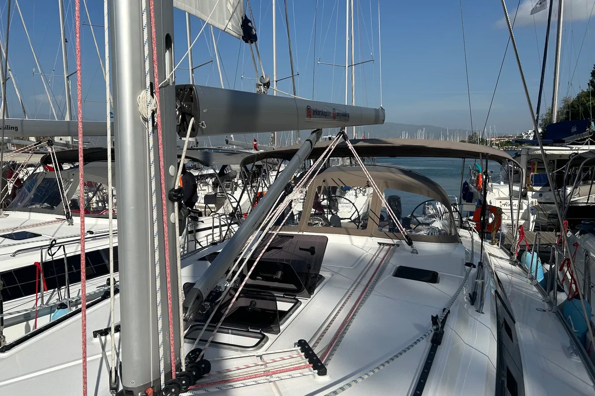 Deck of Suncity 5, a Bavaria Cruiser 46 sailboat at Fethiye, Turkey