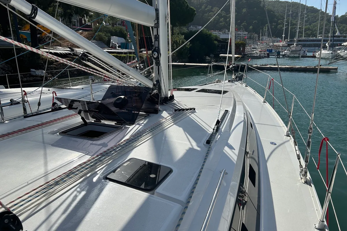 Deck of Suncity 5, a Bavaria Cruiser 46 sailboat at Fethiye, Turkey