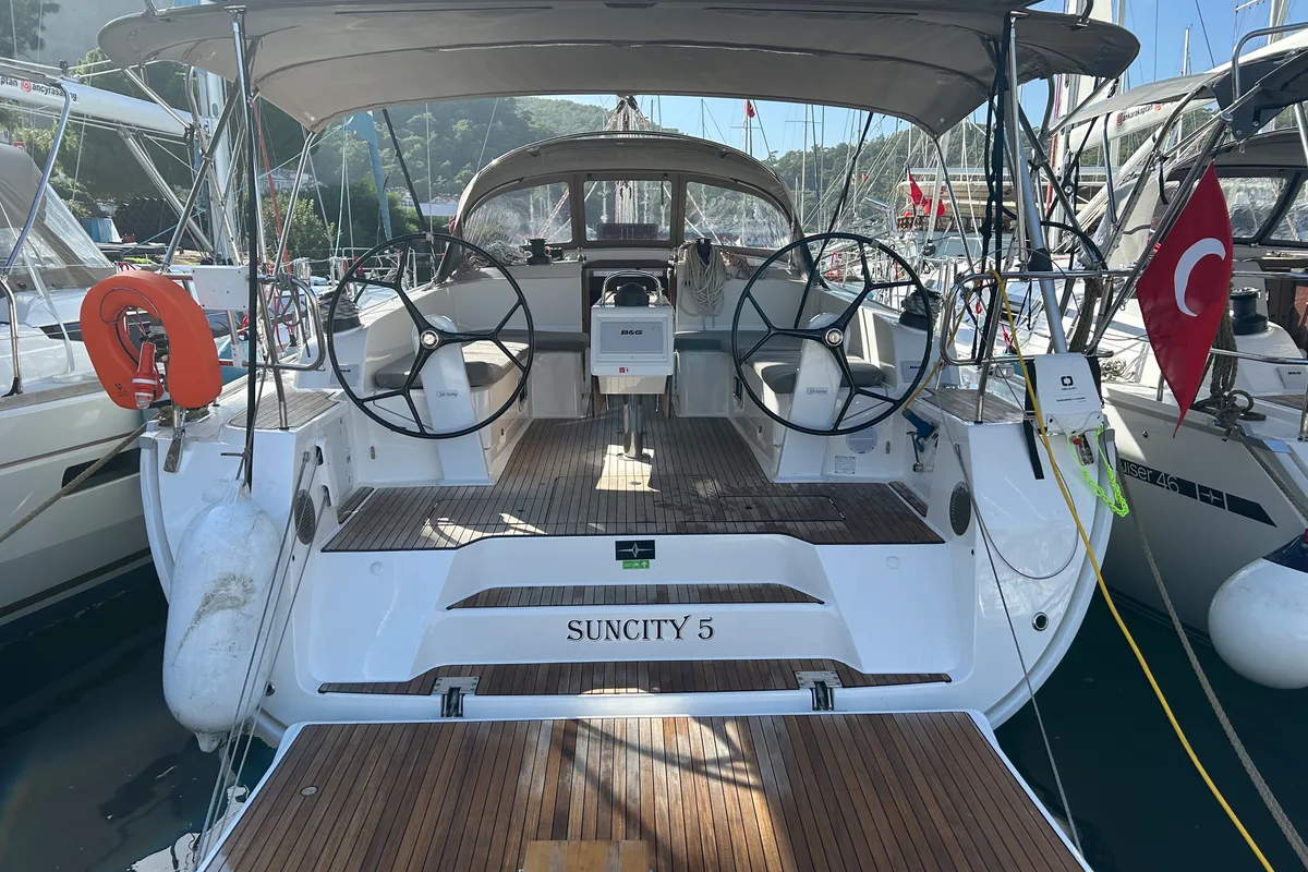 Cockpit of Suncity 5, a Bavaria Cruiser 46 sailboat at Fethiye, Turkey