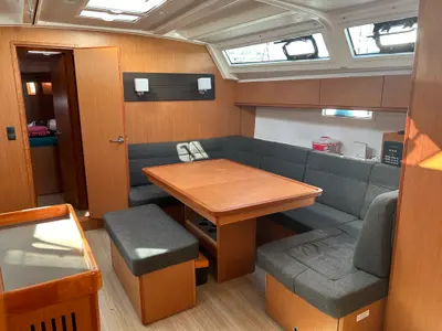 Salon of Suncity 5, a Bavaria Cruiser 46 sailboat at Fethiye, Turkey