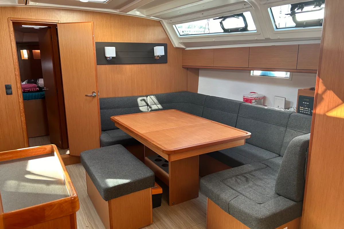 Salon of Suncity 5, a Bavaria Cruiser 46 sailboat at Fethiye, Turkey