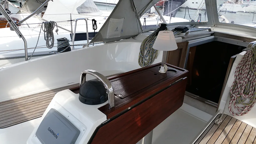 Deck of Chilly Lilly, a Bavaria Cruiser 37 sailboat at Llucmajor, Spain