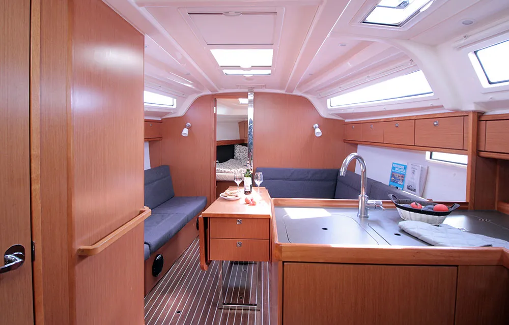 Salon of Chilly Lilly, a Bavaria Cruiser 37 sailboat at Llucmajor, Spain