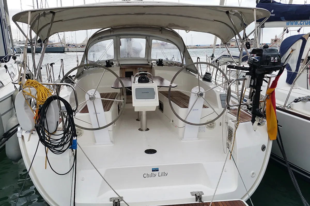 Cockpit of Chilly Lilly, a Bavaria Cruiser 37 sailboat at Llucmajor, Spain