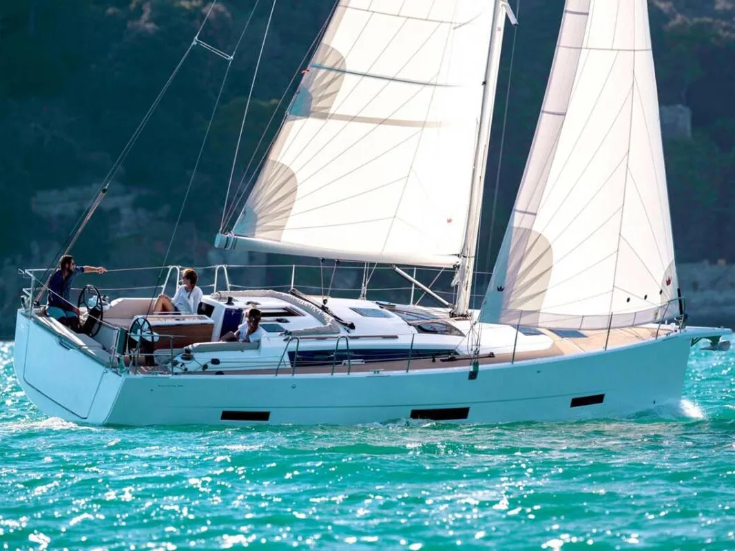 Exterior view of INO, a Dufour 390 Grand Large sailboat at Athens, Greece
