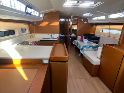 Salon of Maryann, a Jeanneau Sun Odyssey 440 sailboat at Cannigione, Italy