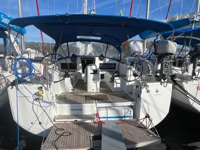 Cockpit of Maryann, a Jeanneau Sun Odyssey 440 sailboat at Cannigione, Italy