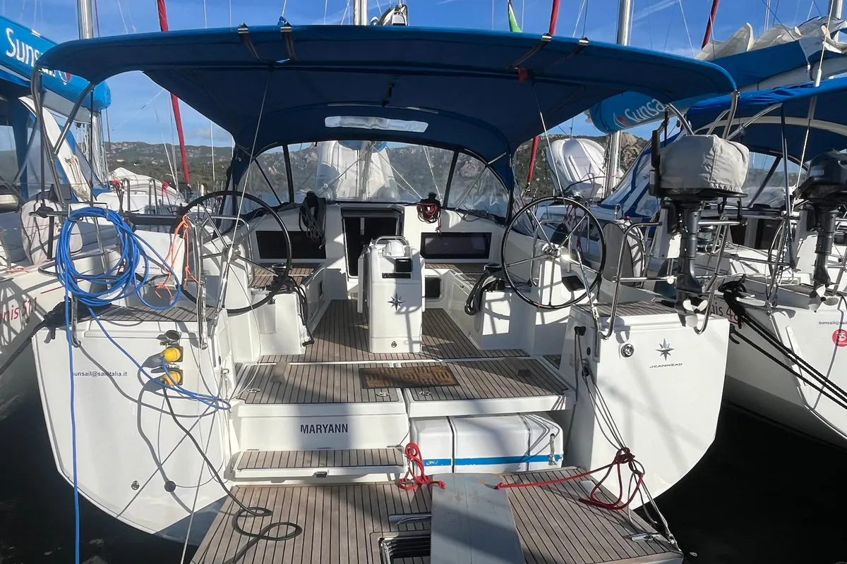 Cockpit of Maryann, a Jeanneau Sun Odyssey 440 sailboat at Cannigione, Italy