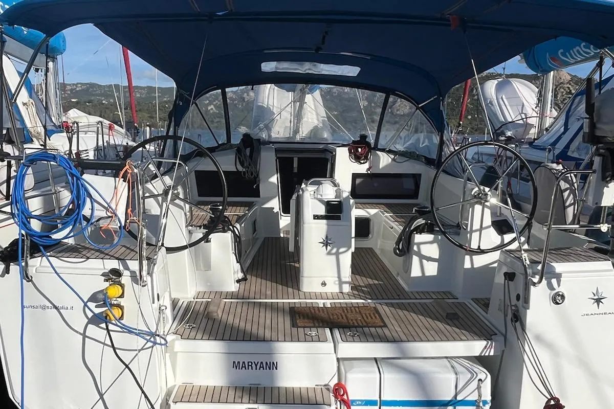 Cockpit of Maryann, a Jeanneau Sun Odyssey 440 sailboat at Cannigione, Italy