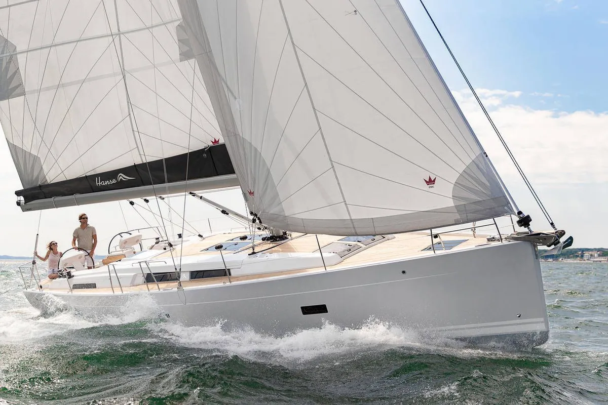 Exterior view of Sea Pearl, a Hanse 458 sailboat at Kos, Greece