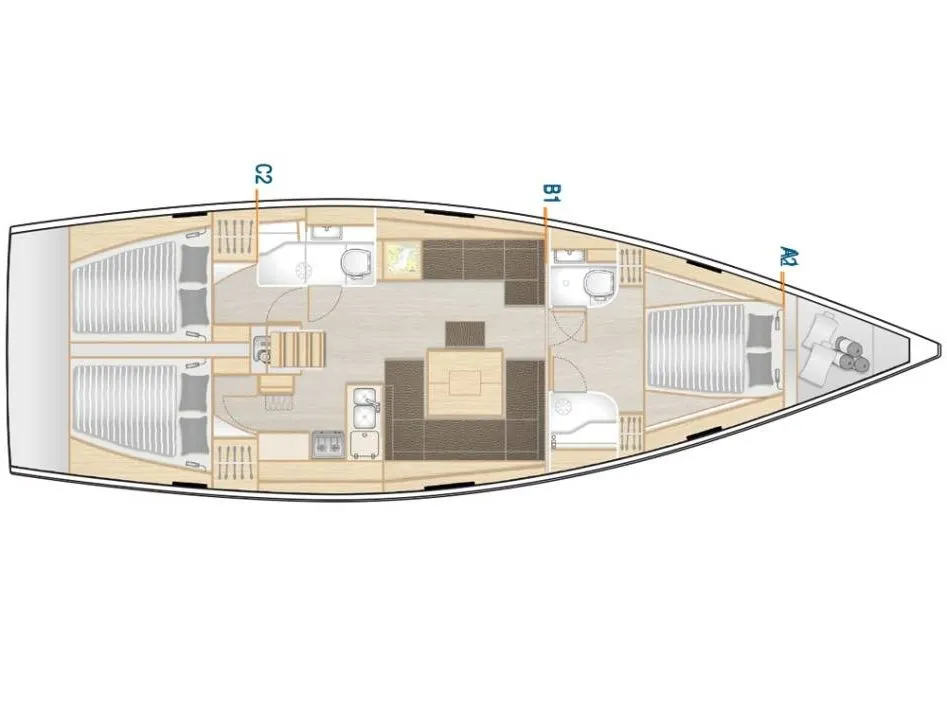 Floor plan of Sea Pearl, a Hanse 458 sailboat at Kos, Greece