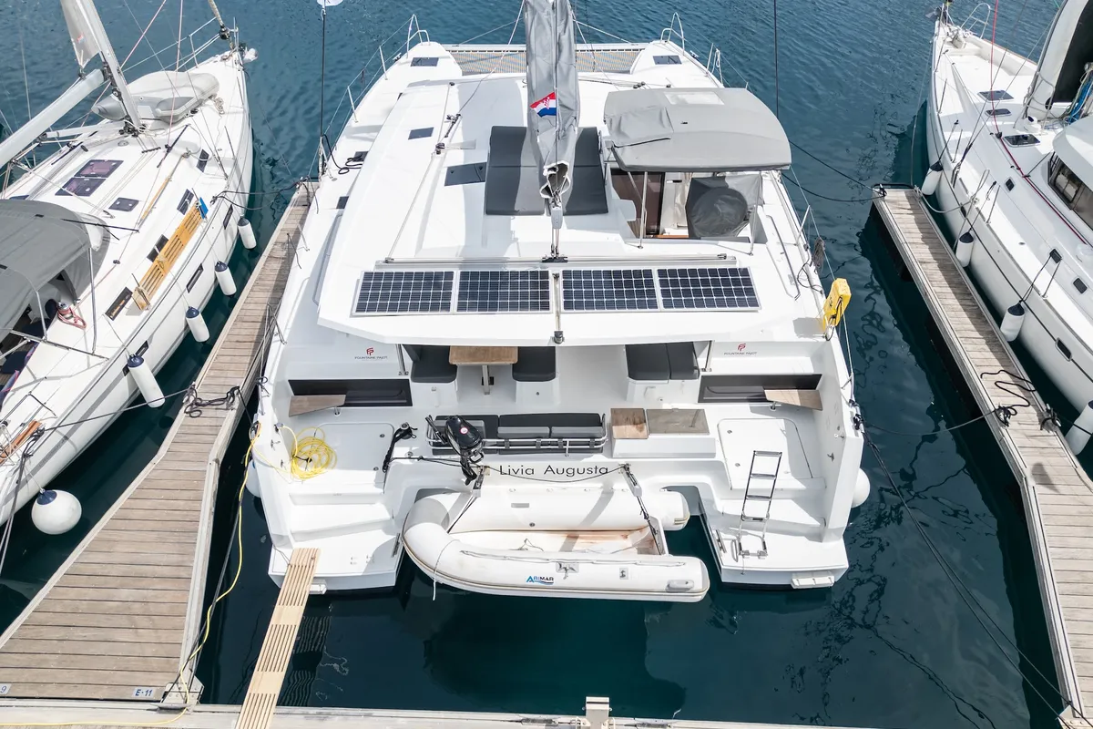 Livia Augusta, a Fountaine Pajot Astrea 42 catamaran at Primošten, Croatia