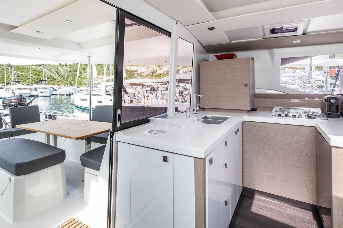 Livia Augusta, a Fountaine Pajot Astrea 42 catamaran at Primošten, Croatia