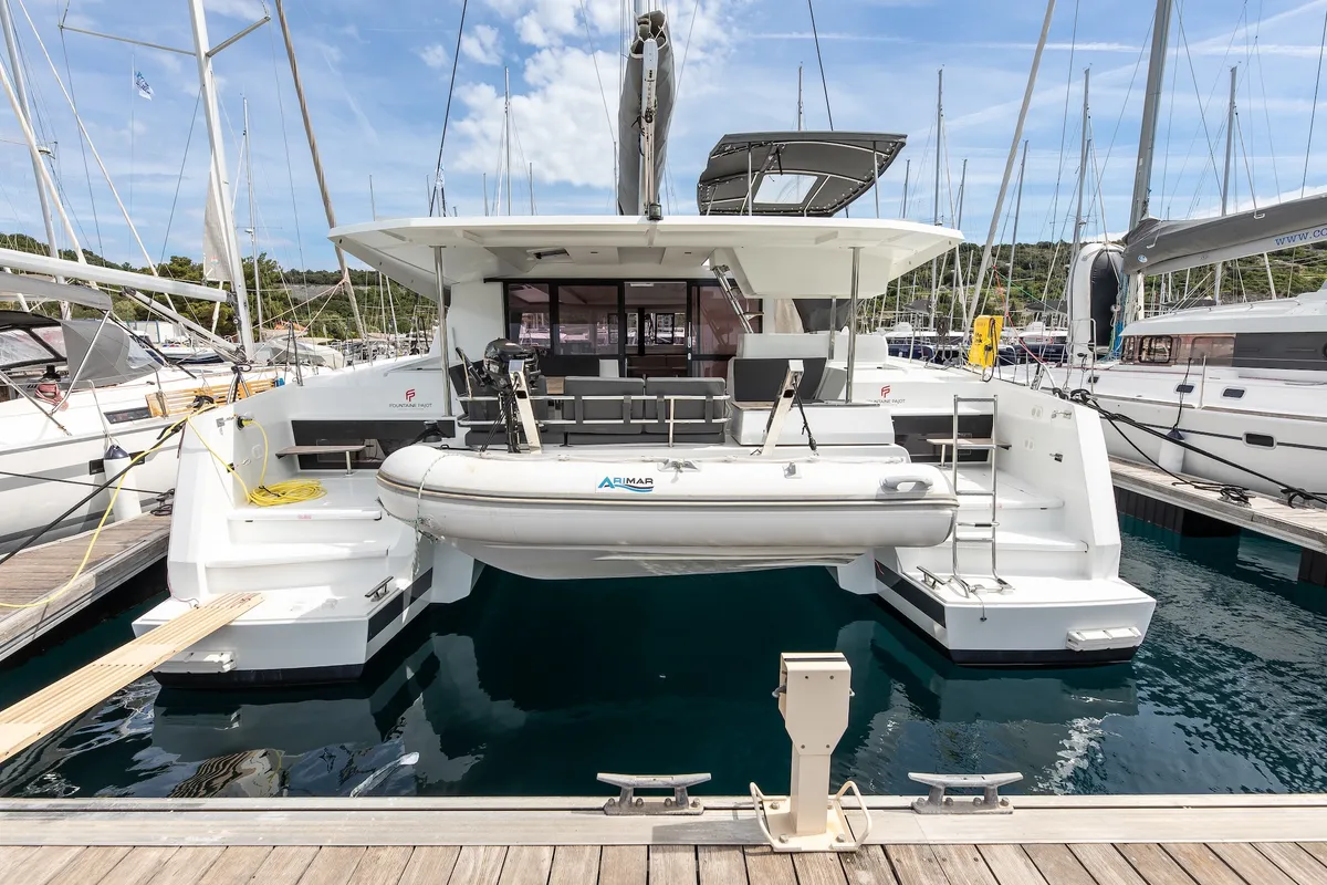 Livia Augusta, a Fountaine Pajot Astrea 42 catamaran at Primošten, Croatia