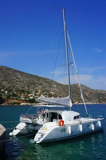 Exterior view of Dido, a Lagoon 380 S2 catamaran at Kontokali, Greece