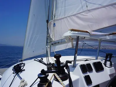 Cockpit of Dido, a Lagoon 380 S2 catamaran at Kontokali, Greece