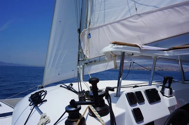 Cockpit of Dido, a Lagoon 380 S2 catamaran at Kontokali, Greece