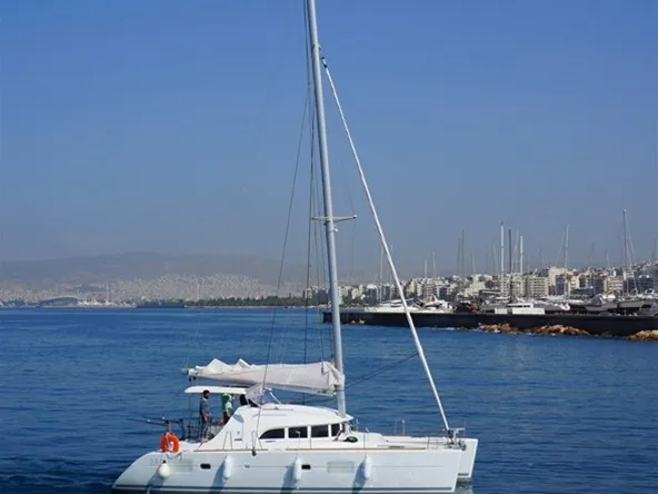 Exterior view of Dido, a Lagoon 380 S2 catamaran at Kontokali, Greece
