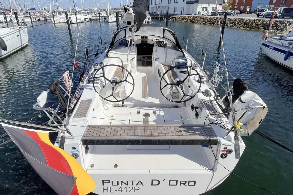 Cockpit of Punta d'Oro, a AD Boats Salona 38 sailboat at Heiligenhafen, Germany