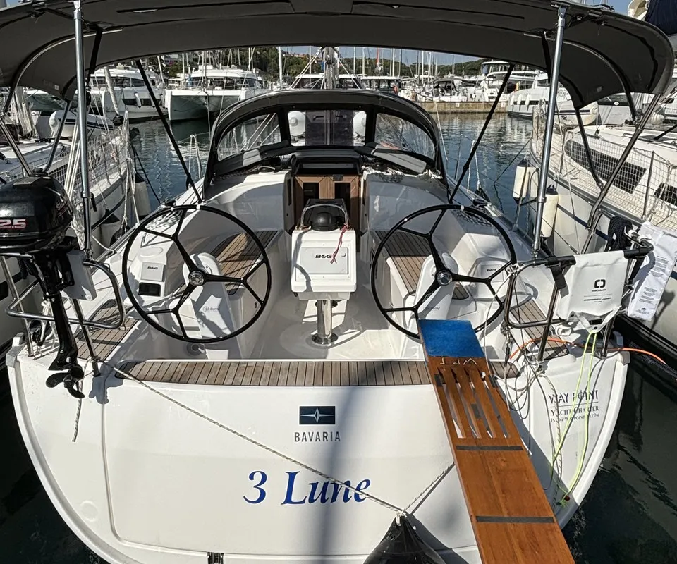 Cockpit of 3 Lune, a Bavaria Cruiser 34 sailboat at Grad Pula, Croatia